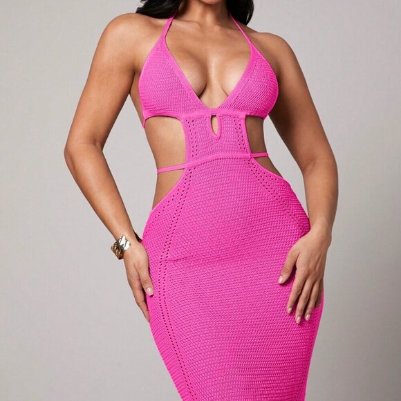Hot Pink Sexy Women's Crochet Deep V-Neck Hollow Slit Mid-Length Dress - Picture 6 of 8